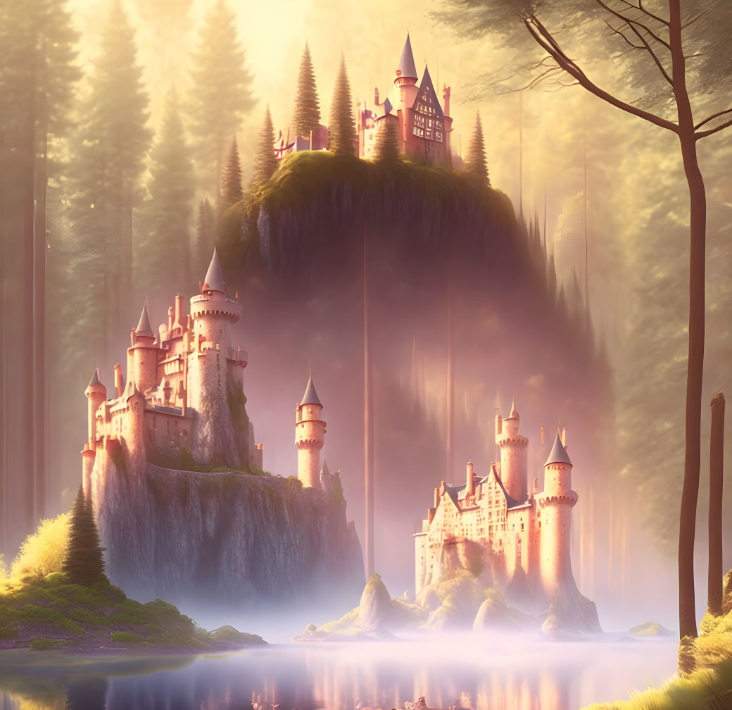 Mystical castle on lush hill with sunlight over serene lake