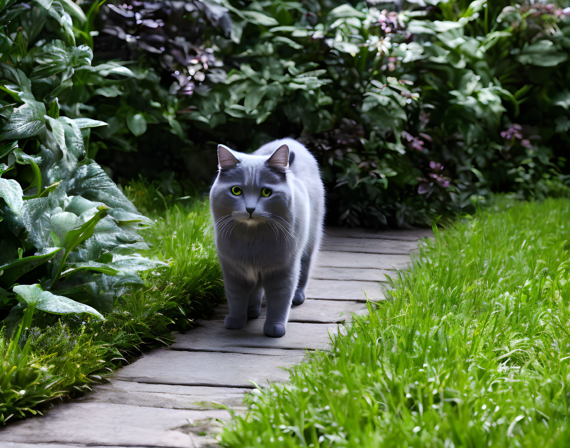 Gray and White Cat with Yellow Eyes Walking in Lush Garden Environment