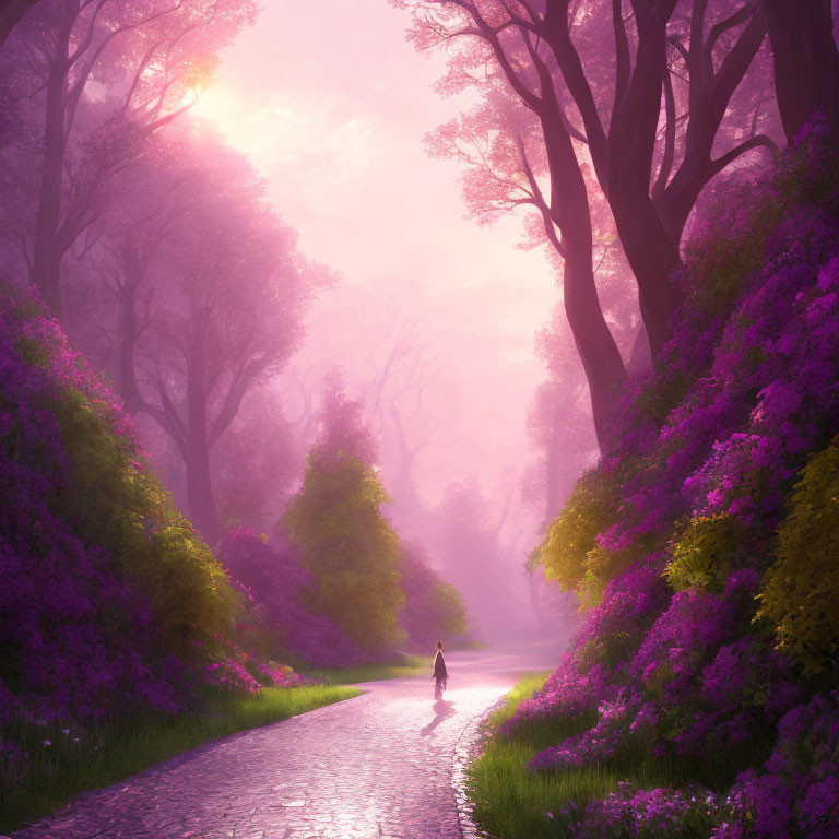 Solitary figure walking on cobblestone path surrounded by lush purple flowers and tall trees under pink sky