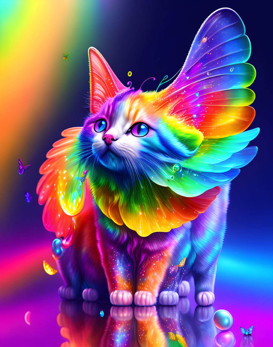 Colorful winged cat on psychedelic background with bubbles and butterflies