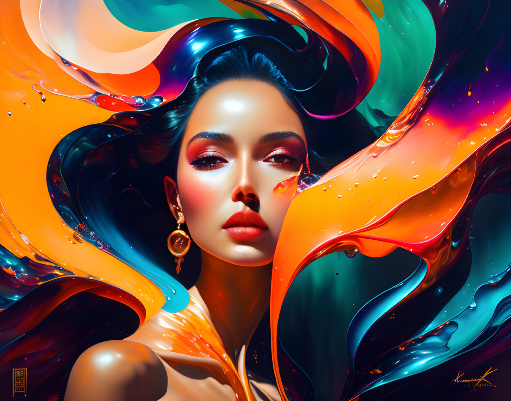 Colorful digital artwork featuring woman with abstract shapes and elegant earring