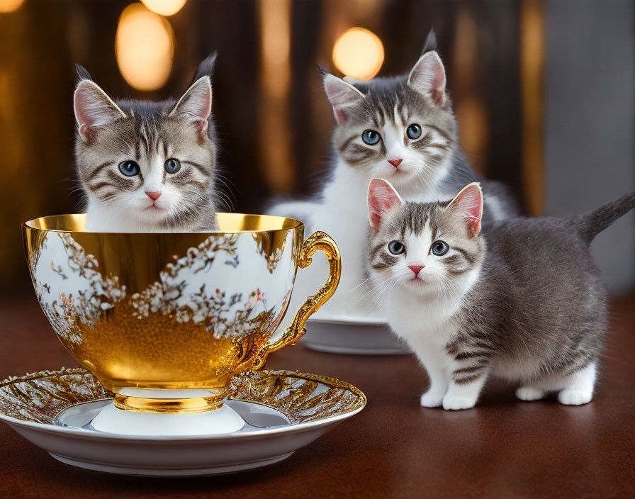 Three kittens with golden cup and saucer in warm bokeh lights