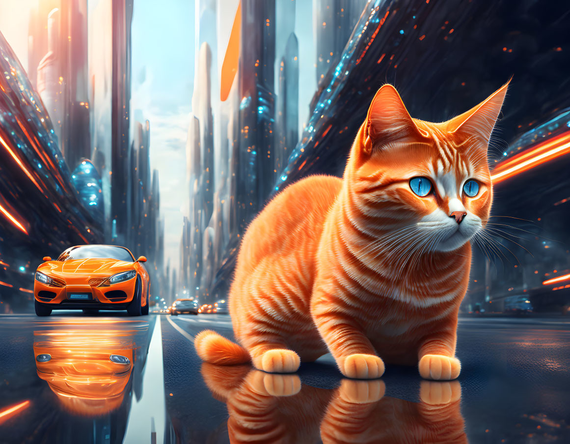 Orange Tabby Cat with Blue Eyes Sitting Near Orange Sports Car in Futuristic City Scene