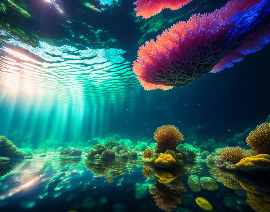 Colorful Coral and Sunbeams in Underwater Landscape