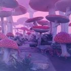 Surreal purple and blue bioluminescent mushroom forest scene