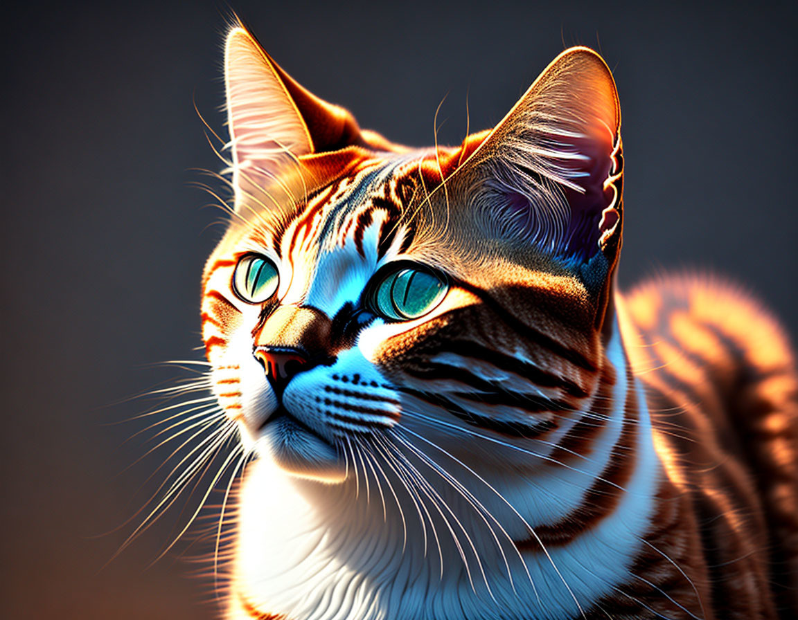 Tabby Cat Digital Art with Vibrant Green Eyes and Striking Fur Patterns