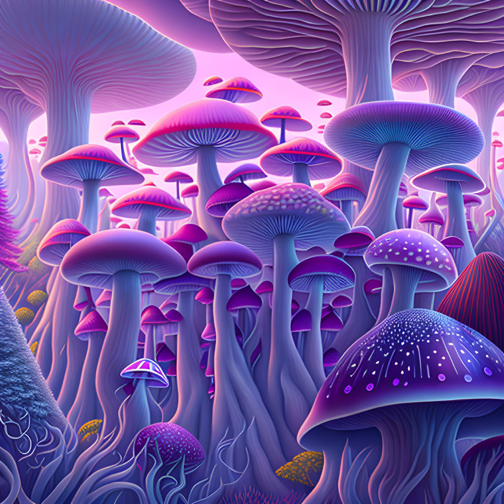 Surreal purple and blue bioluminescent mushroom forest scene