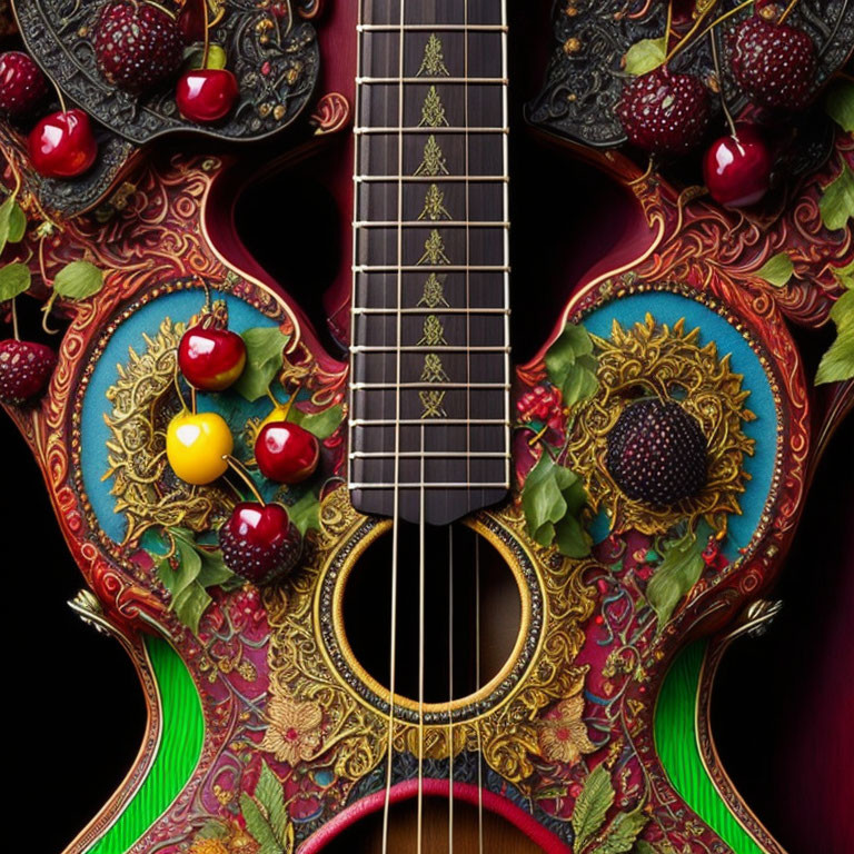 Colorful Decorative Guitar with Fruit Motifs on Dark Background