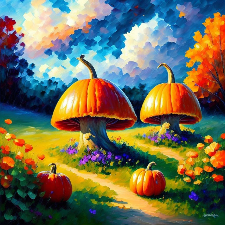 Colorful painting of mushroom-shaped houses in a whimsical forest clearing.