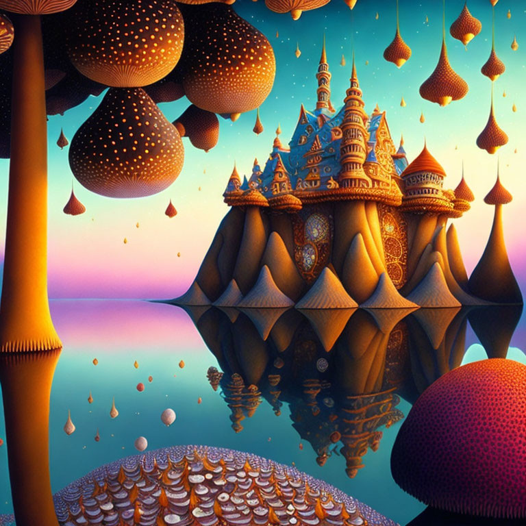 Fantastical landscape with mushroom-like structures and ornate castle by serene water.