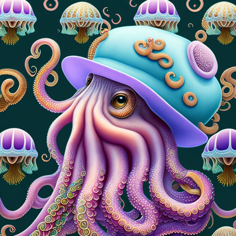 Illustrated octopus with hat and jellyfish backdrop.