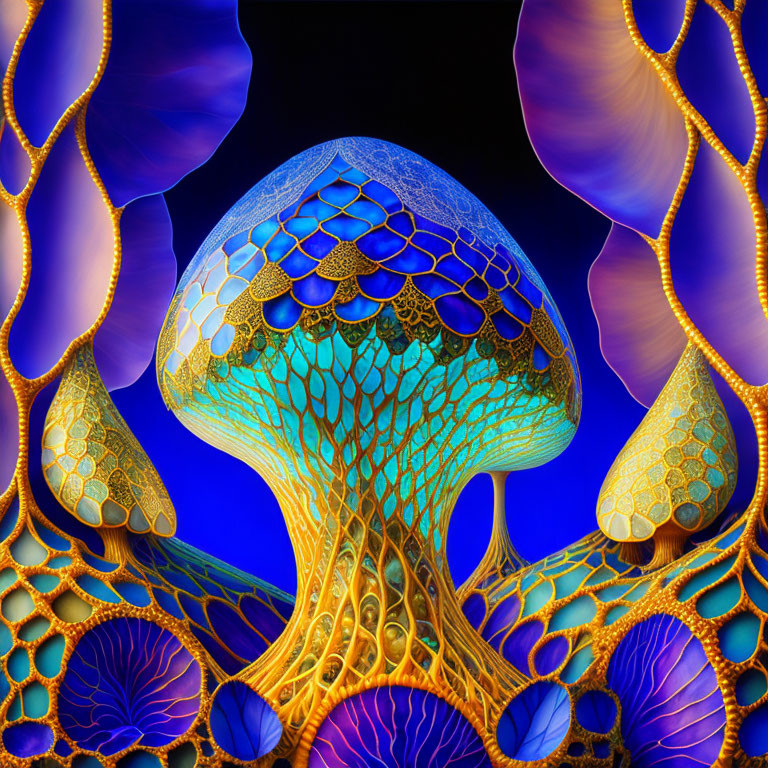 Colorful Fractal Image: Mushroom Structure Surrounded by Blue and Gold Leaf Patterns