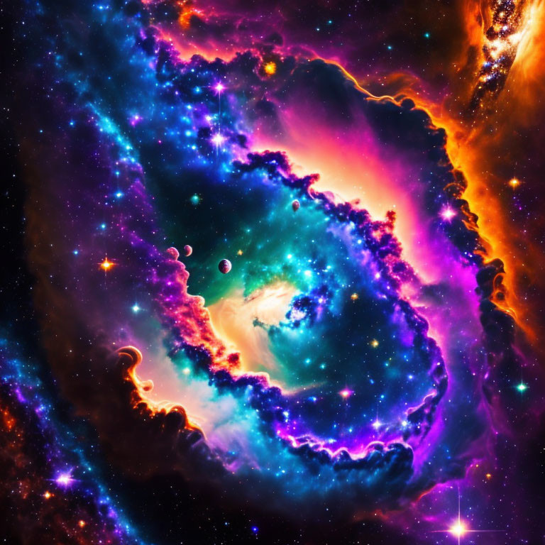 Colorful cosmic scene: swirling blue, purple, and orange hues with stars and celestial bodies.