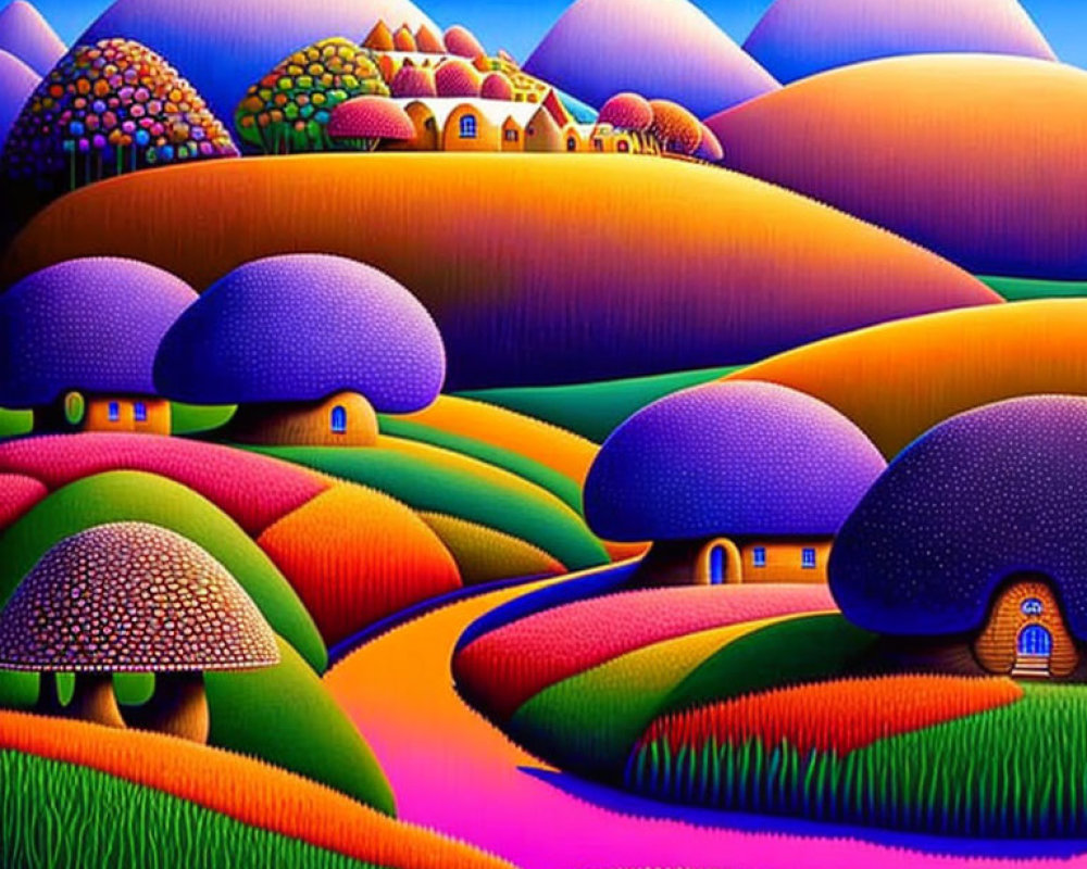 Colorful Stylized Landscape with Rolling Hills and Whimsical Trees