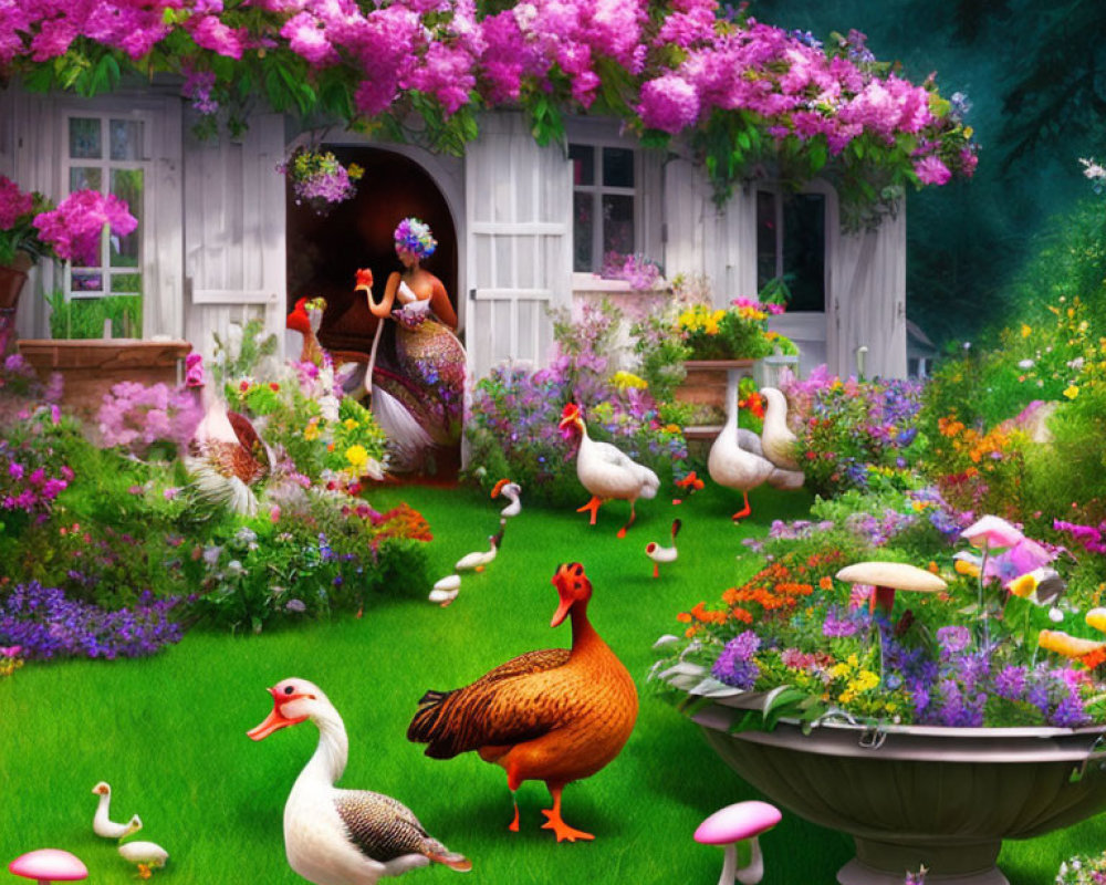 Colorful garden scene with ducks, flowers, woman under pink blossoms