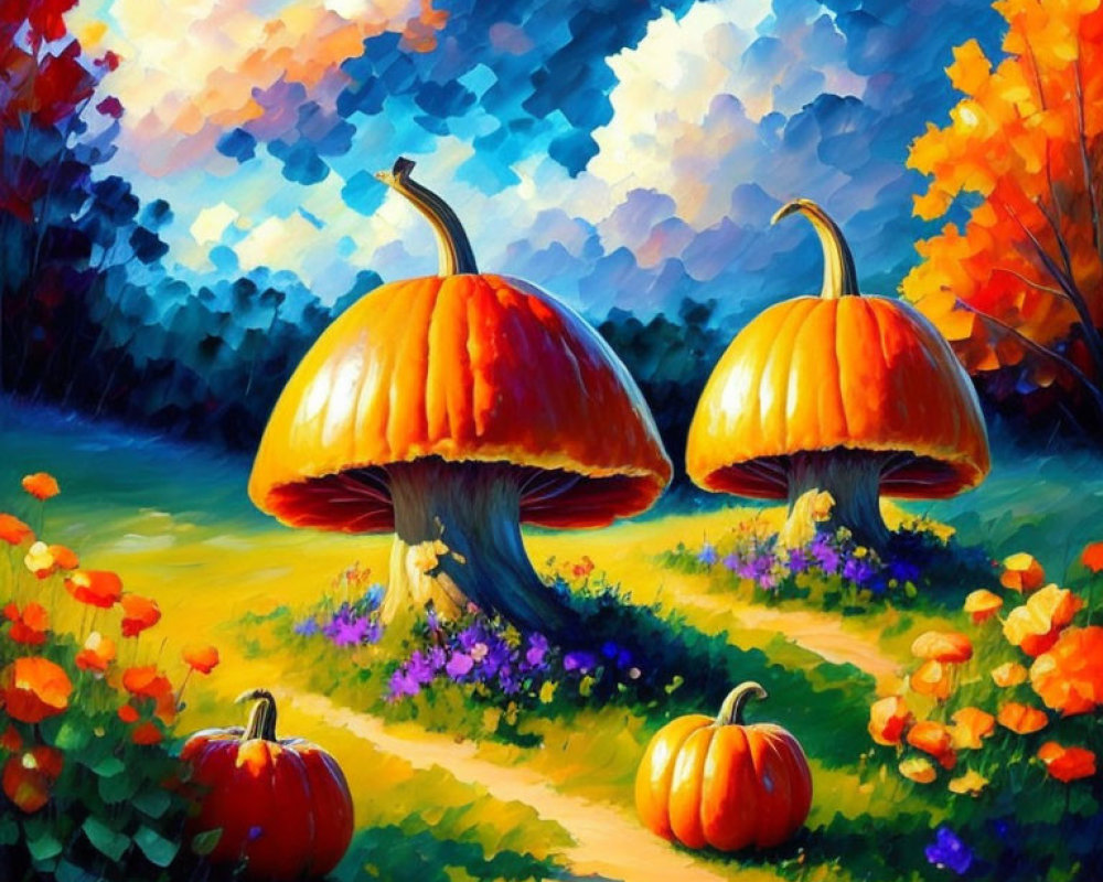 Colorful painting of mushroom-shaped houses in a whimsical forest clearing.