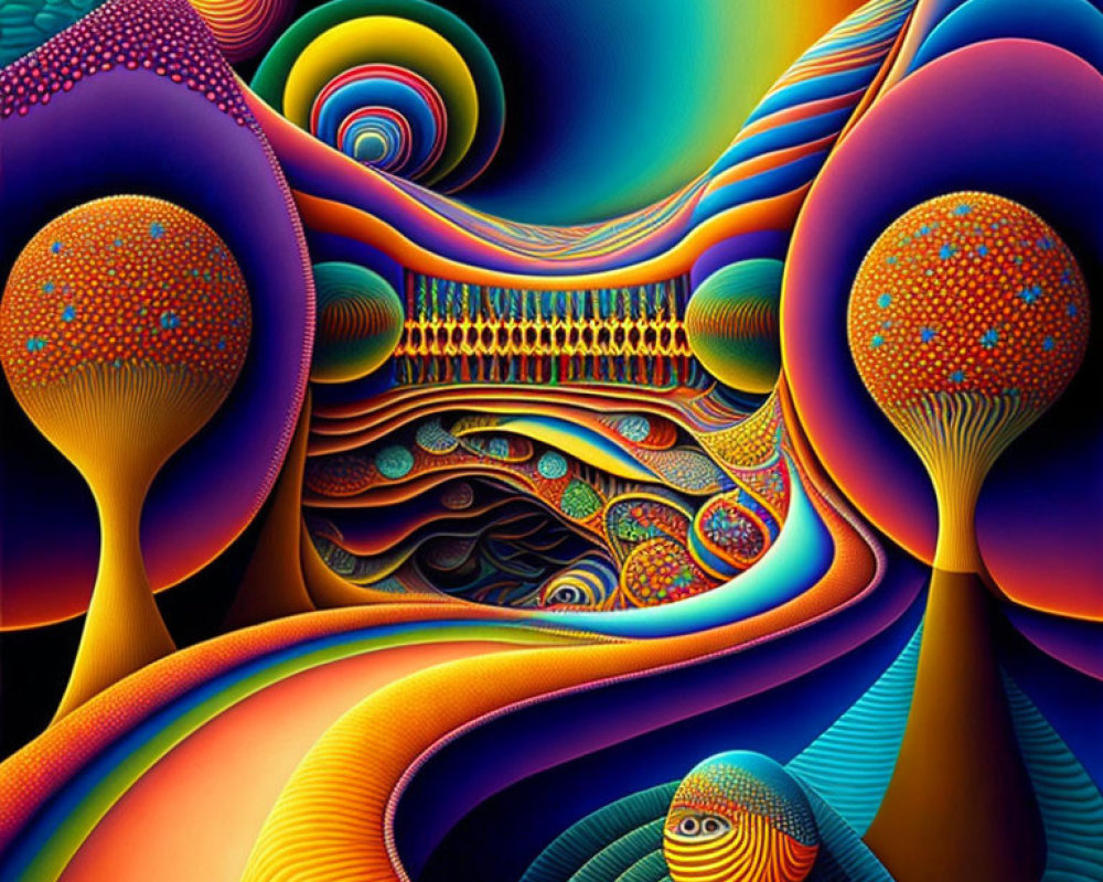 Colorful Psychedelic Artwork: Swirling Patterns, Dotted Spheres, and Curving