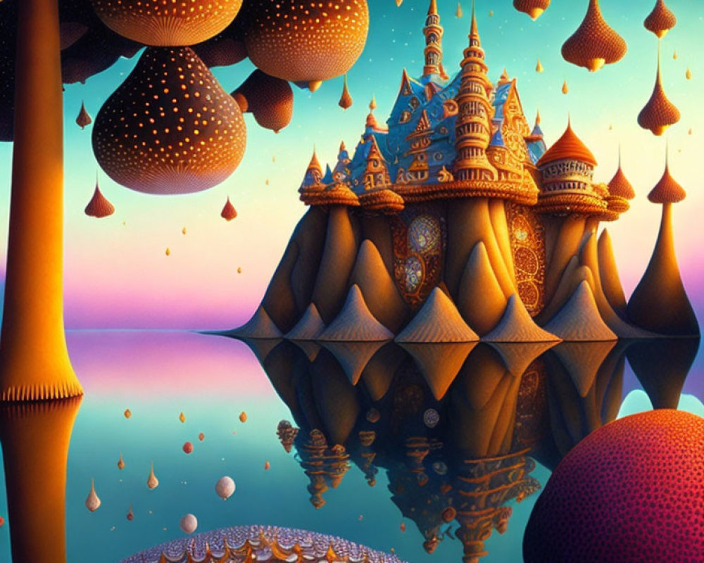 Fantastical landscape with mushroom-like structures and ornate castle by serene water.