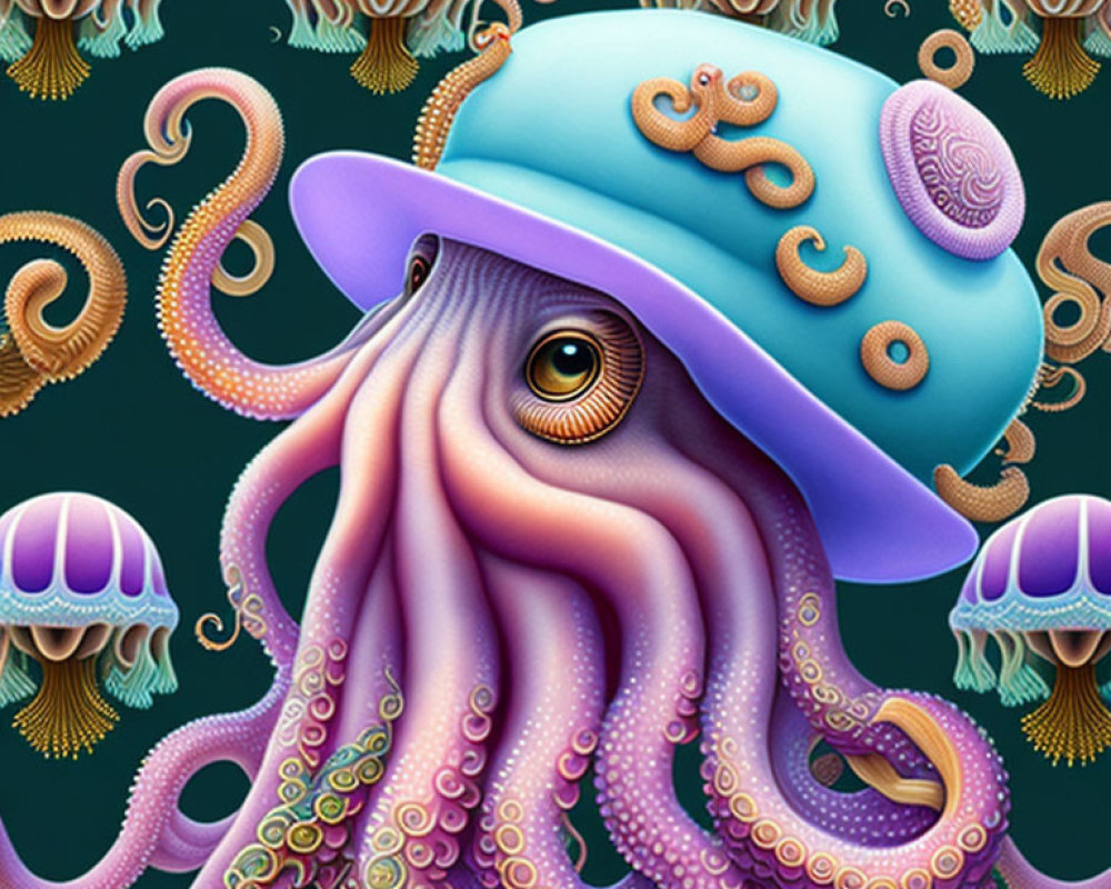 Illustrated octopus with hat and jellyfish backdrop.