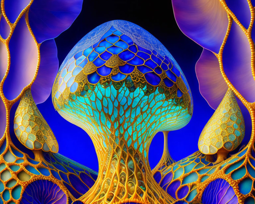 Colorful Fractal Image: Mushroom Structure Surrounded by Blue and Gold Leaf Patterns