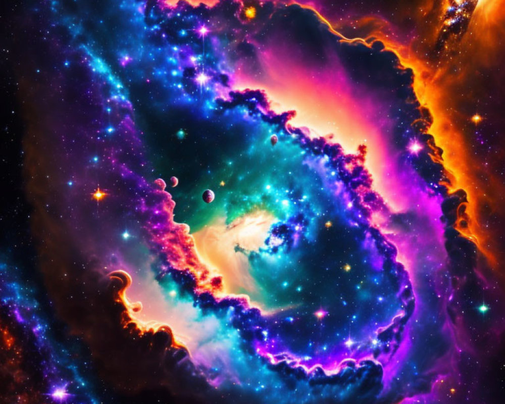 Colorful cosmic scene: swirling blue, purple, and orange hues with stars and celestial bodies.