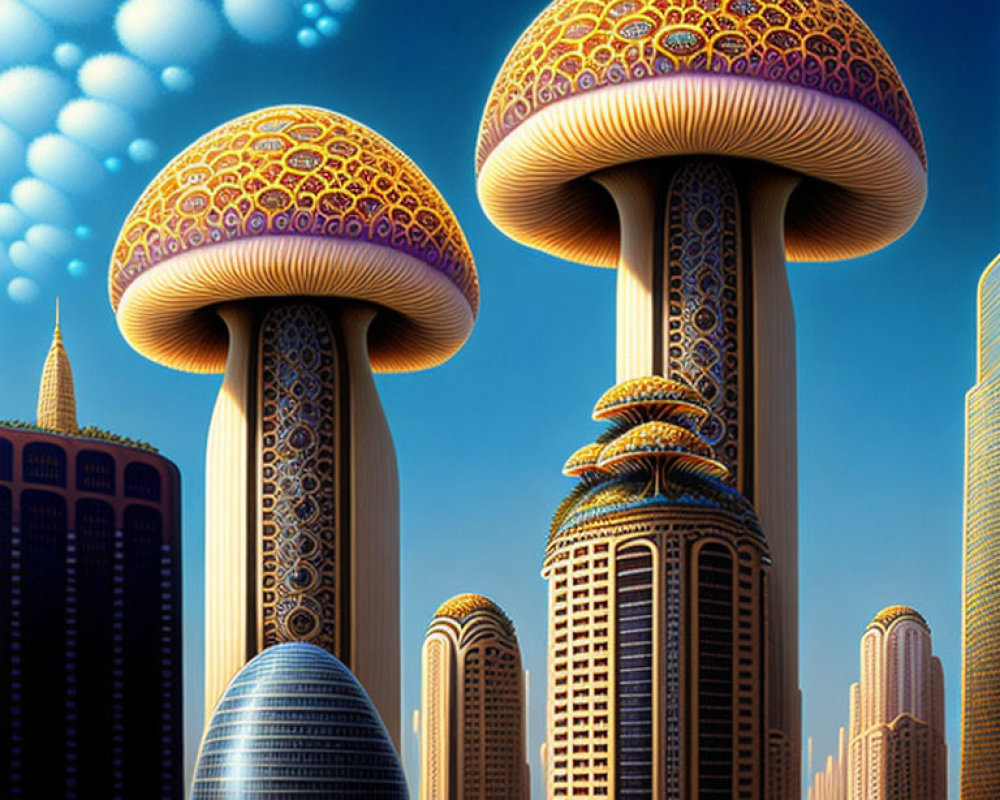 Futuristic cityscape with mushroom-shaped buildings and traditional skyscrapers under blue sky