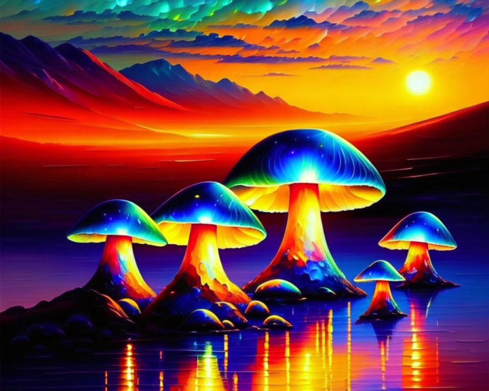 Colorful Mushroom Painting by Water with Sunset Sky