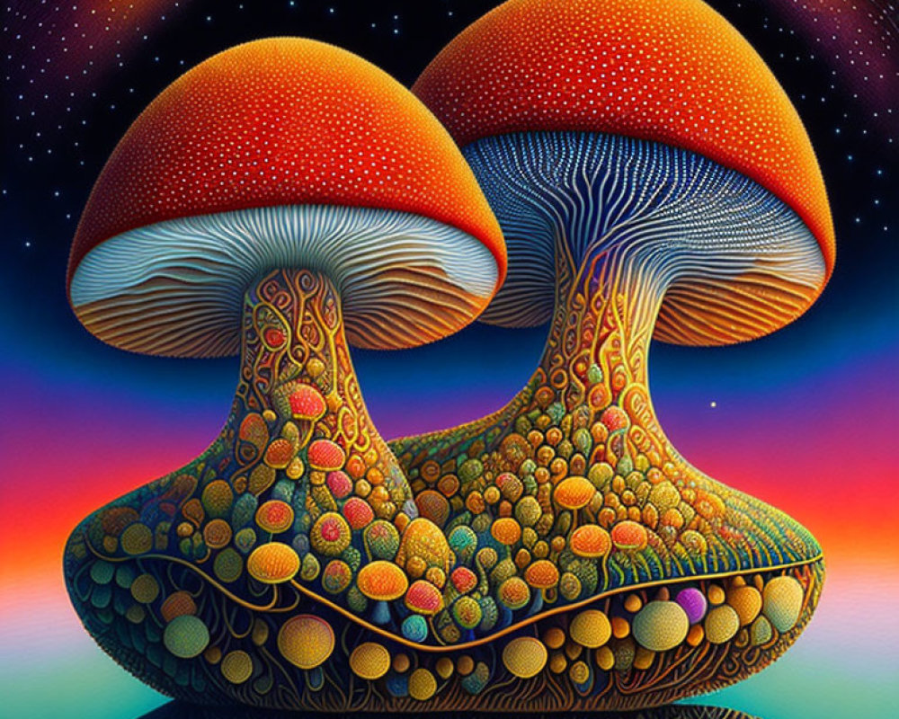 Vibrantly colored psychedelic mushrooms against starry sky and sunset gradient