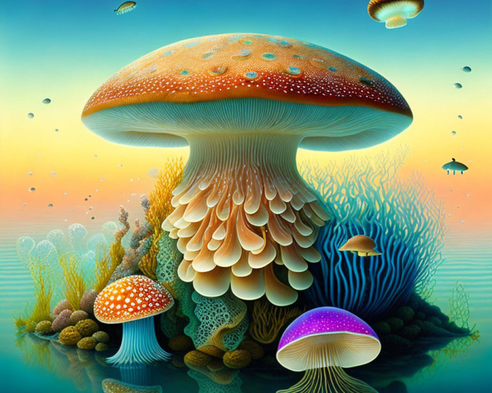 Colorful surreal painting of oversized mushrooms and underwater scene under gradient sky