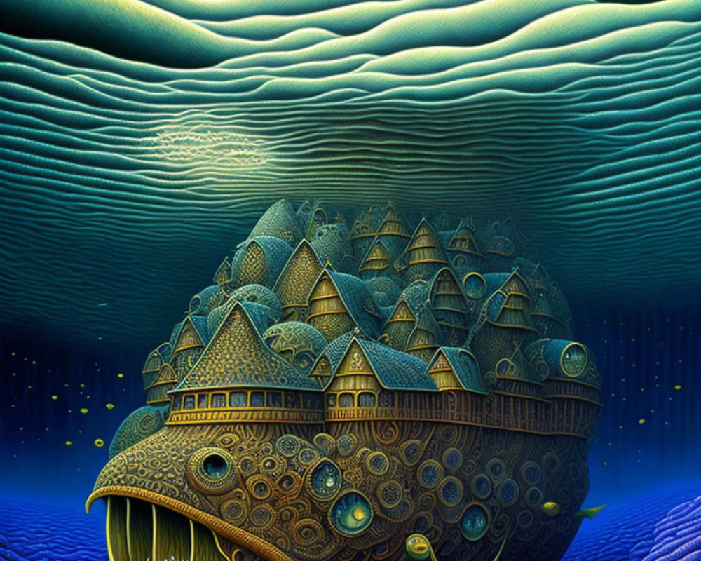 Fantastical fish-shaped structure in ornate underwater scene