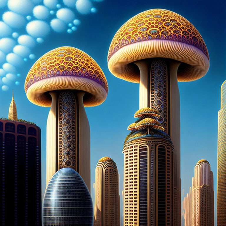 Futuristic cityscape with mushroom-shaped buildings and traditional skyscrapers under blue sky