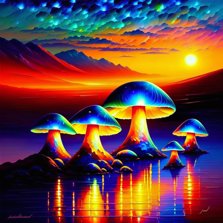 Colorful Mushroom Painting by Water with Sunset Sky