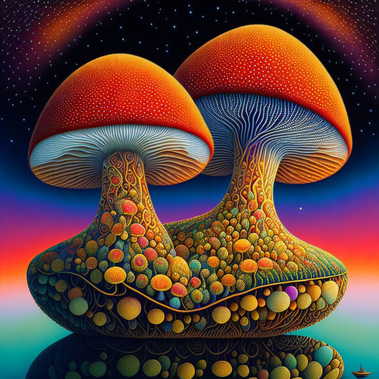 Vibrantly colored psychedelic mushrooms against starry sky and sunset gradient