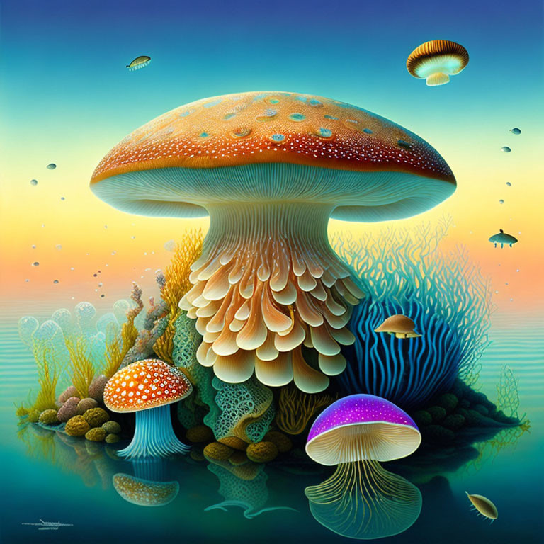 Colorful surreal painting of oversized mushrooms and underwater scene under gradient sky