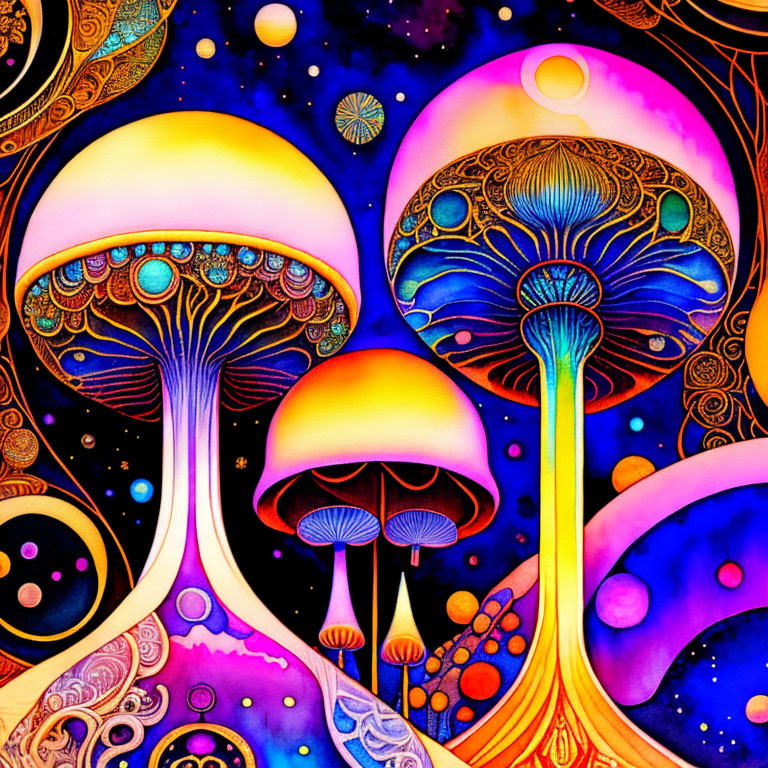 Colorful Psychedelic Mushroom Artwork on Cosmic Background