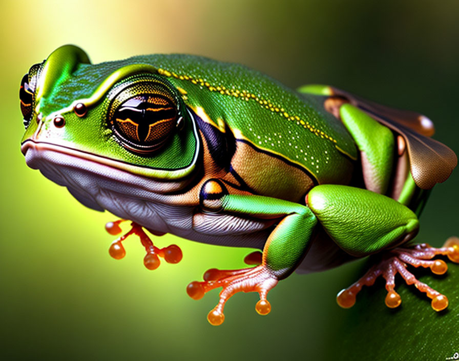 Colorful Green and Yellow Frog with Black Markings on Stem Against Blurred Background