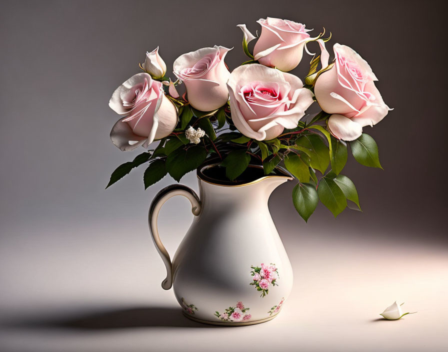 Delicate Pink Roses Bouquet in White Pitcher on Gradient Background