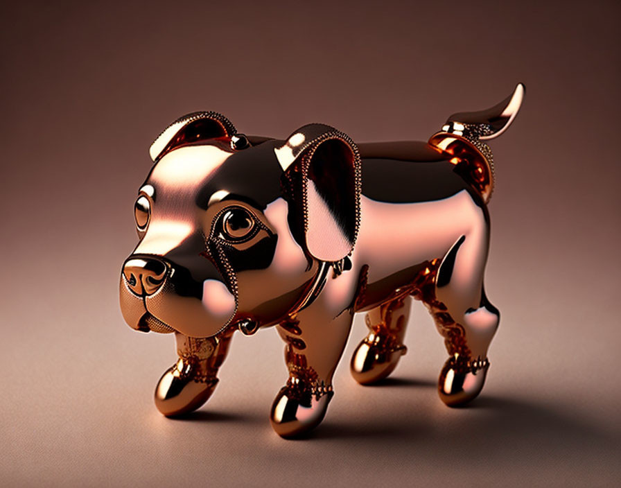 Reflective Copper Finish Puppy Sculpture on Warm Background