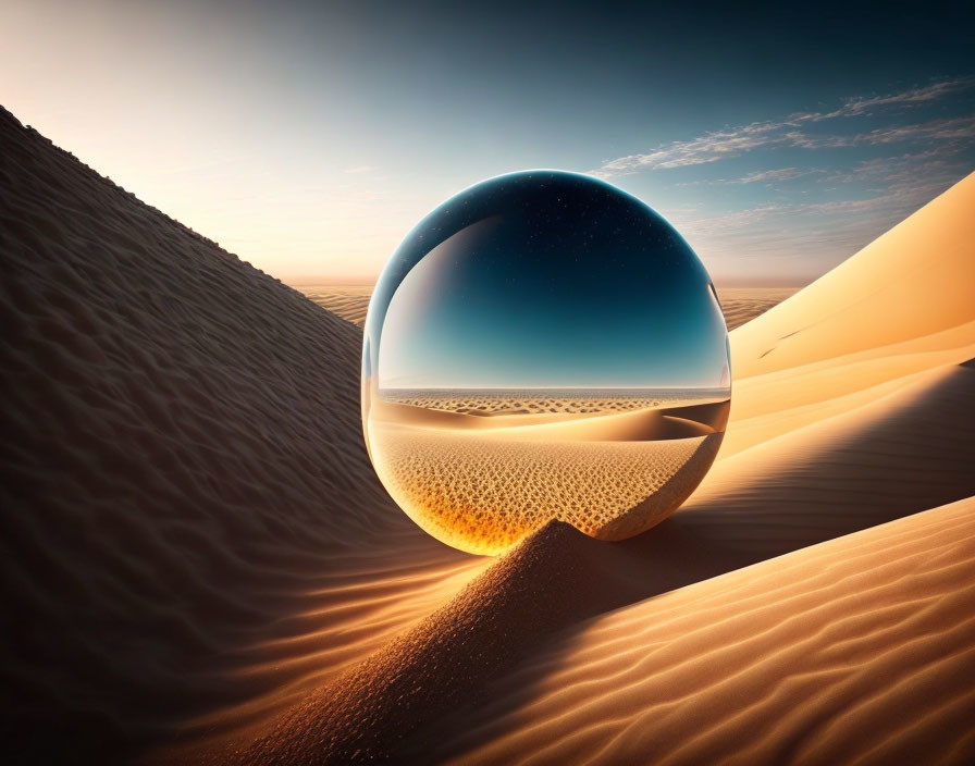 Crystal ball in desert reflects inverted landscape