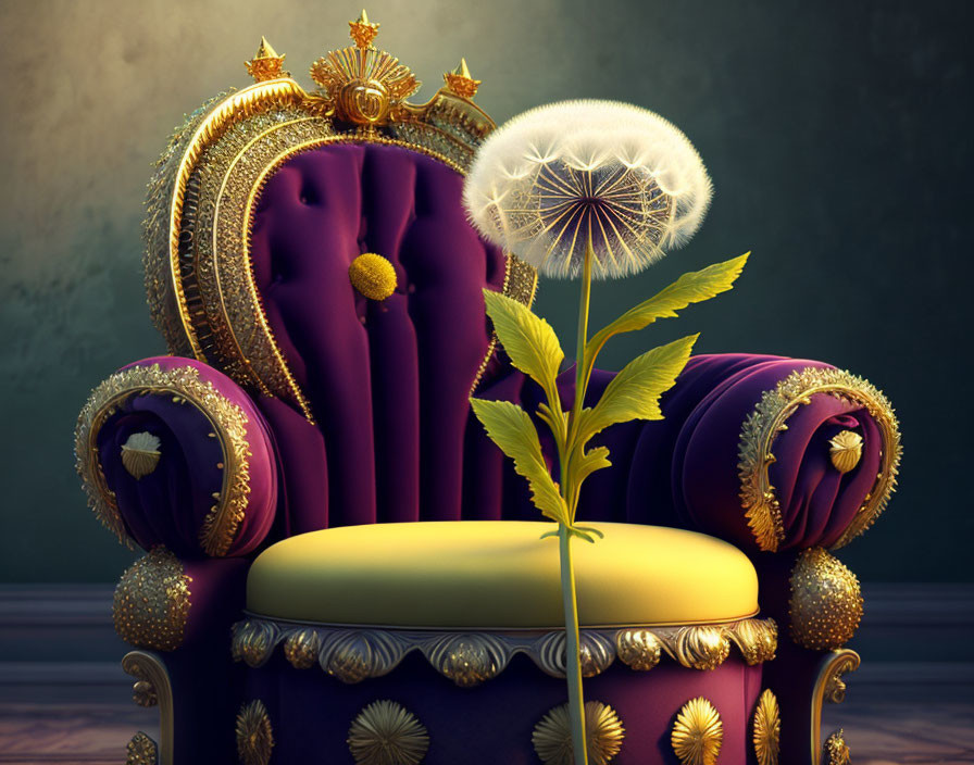 Golden and Purple Ornate Throne with Dandelion on Dark Background