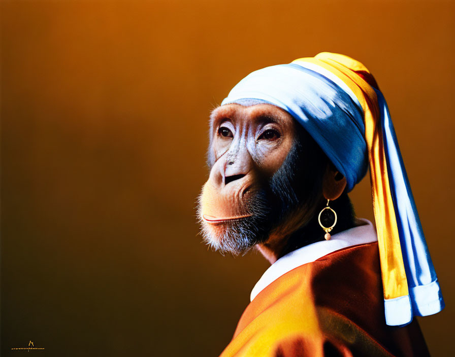 Primate-inspired portrait with colorful turban and attire on brown backdrop