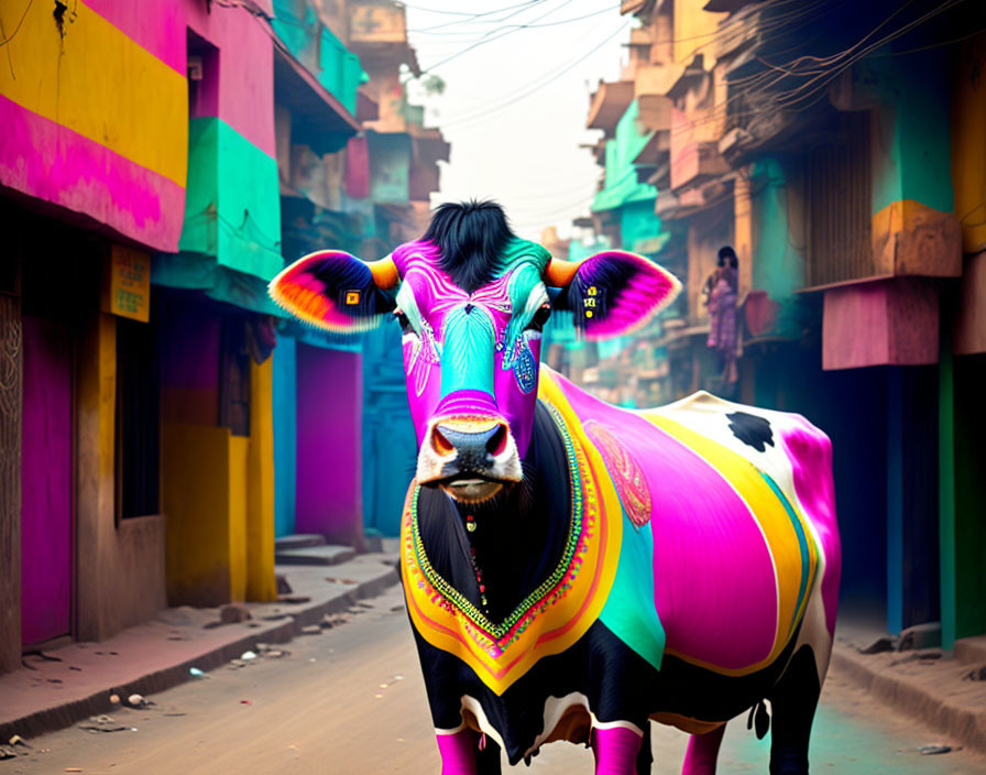 Colorful Cow Painting in Vibrant Street Scene