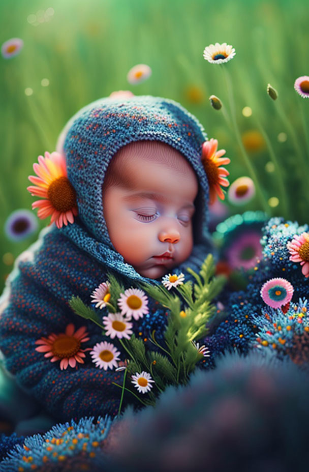 Adorable sleeping baby in colorful knit blanket with flowers and greenery