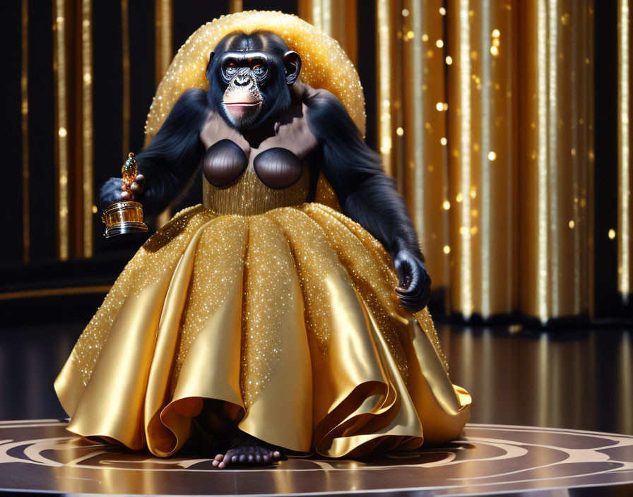 Chimpanzee in Golden Dress with Trophy and Curtains