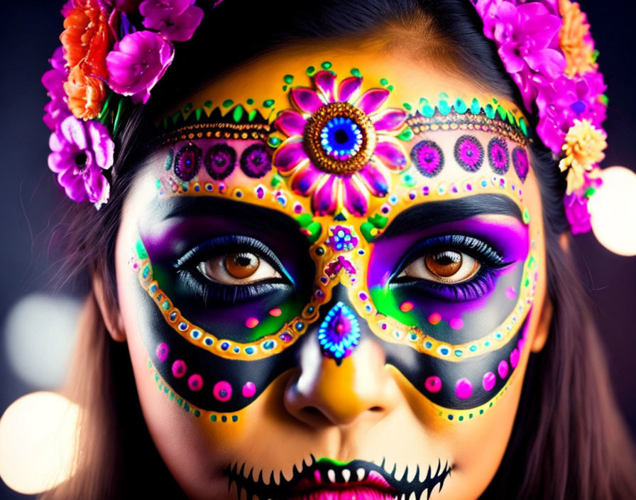 Vibrant Day of the Dead makeup with floral patterns and skull design