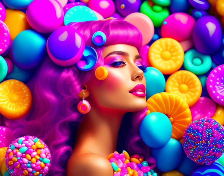 Colorful digital artwork: Woman with pink hair and candy-themed makeup in candy-filled backdrop