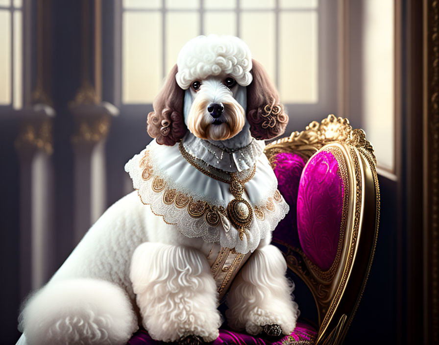 Fluffy white and beige dog in regal attire on golden chair