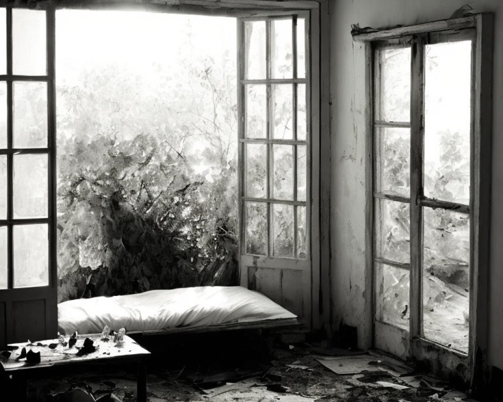 Desolate room with open windows, bare mattress, debris, and overgrown foliage.