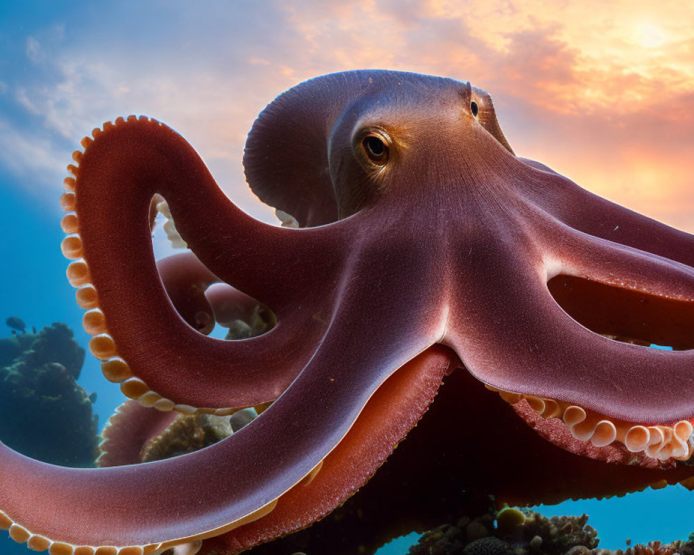 Octopus Floating Above Coral Reef in Sunlit Ocean