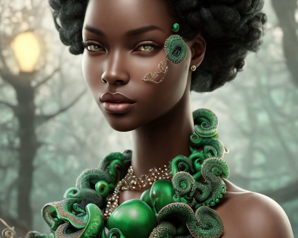 Illustration of woman with green eyes in serpent-themed jewelry against forest backdrop